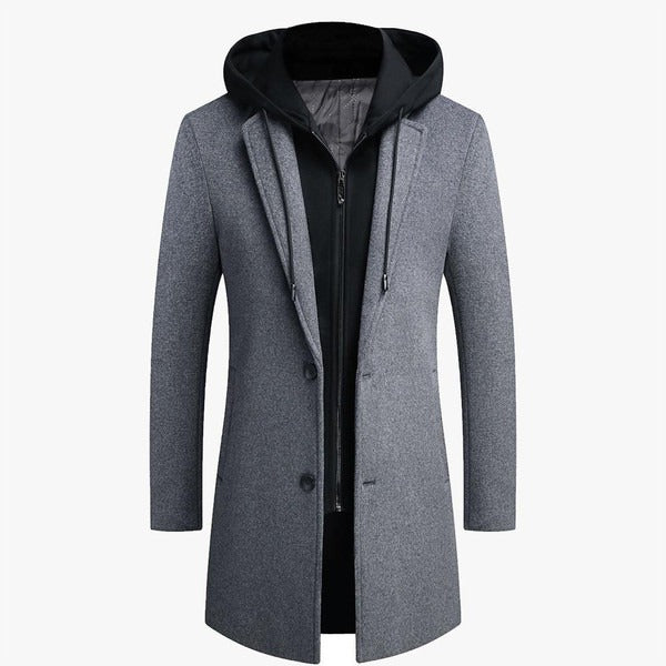 Men's Coat – Tailored Fit – Wool Look – Detachable Hood – Mid-Length
