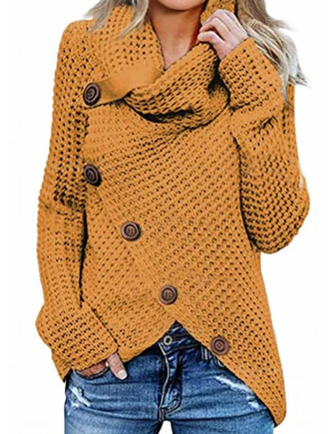 Women's Sweater – Relaxed Fit – Waffle Knit – Cowl Neck – Asymmetric Button Closure