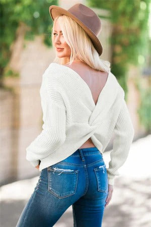 Women's Knit Sweater – Relaxed Fit – Soft Wool Feel – Open Back Twist – Long Sleeves