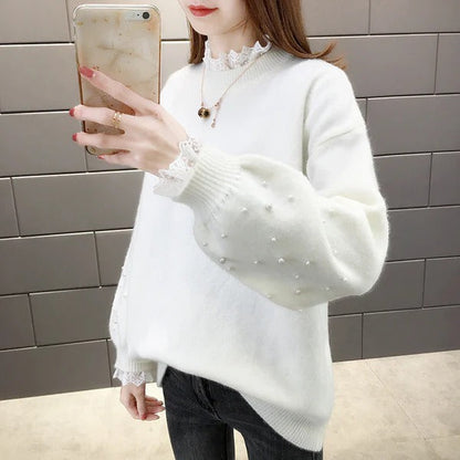 Women's Knit Sweater – Relaxed Fit – Pearl Details – Voluminous Sleeves – High Neck