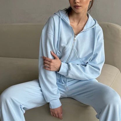 Women's Lounge Set – Zip-Up Hoodie – Oversized Fit – Wide-Leg Pants – Soft Cotton Blend