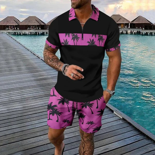 Men's Set with Polo and Shorts – Slim Fit Zip Polo – Tropical Pattern – Light and Breathable