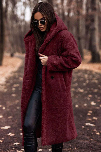 Women's Teddy Coat – Oversized Fit – Soft Fleece – Hood – Long Open Front