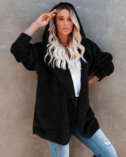 Women's Cardigan with Hood – Soft Sherpa Fleece – Oversized Fit – Open Design with Pockets