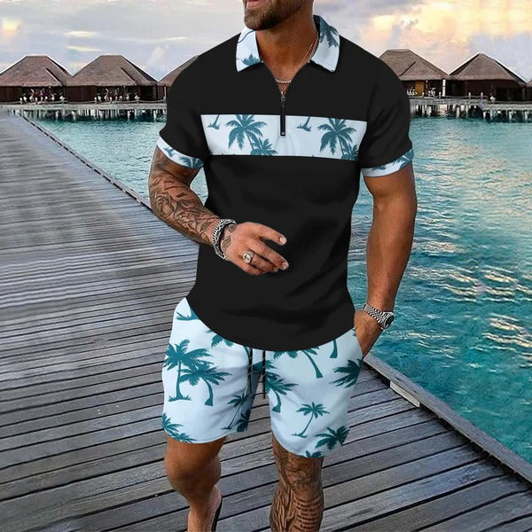Men's Set with Polo and Shorts – Slim Fit Zip Polo – Tropical Pattern – Light and Breathable