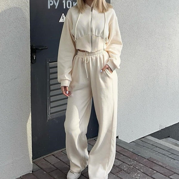 Women's Lounge Set – Zip-Up Hoodie – Oversized Fit – Wide-Leg Pants – Soft Cotton Blend