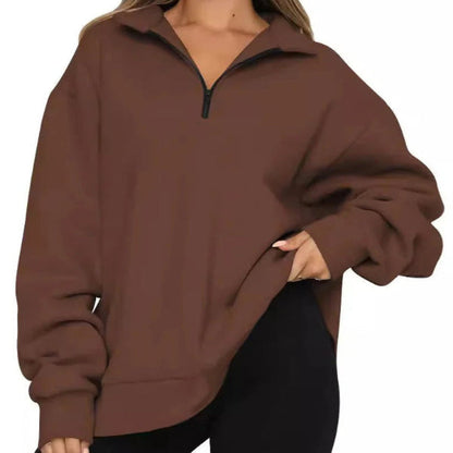 Women's Sweatshirt – Oversized Fit – High Collar – Short Zipper – Casual Look