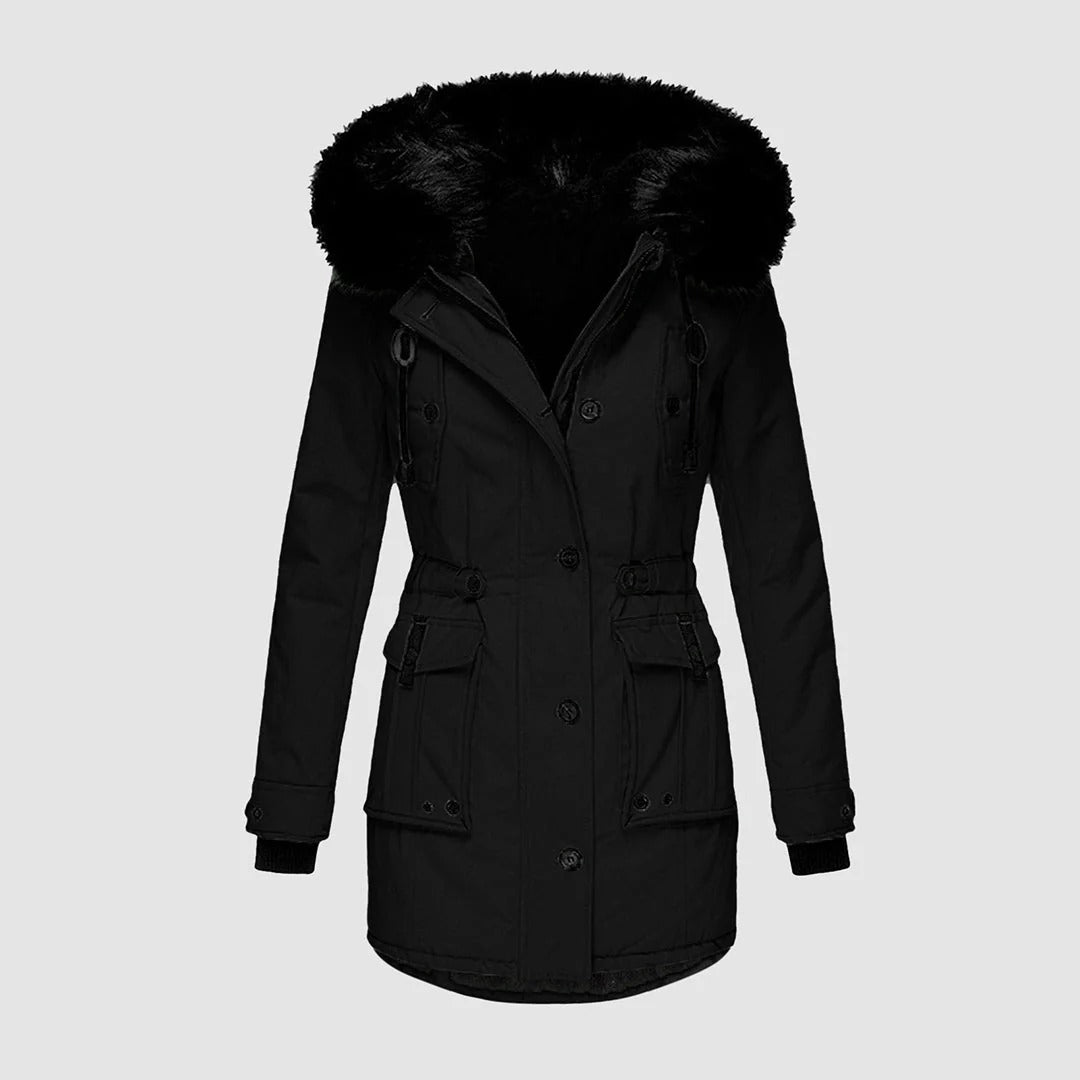 Women's Long Coat – Tailored Fit – Faux Fur Hood – Belt – Outdoor Comfort