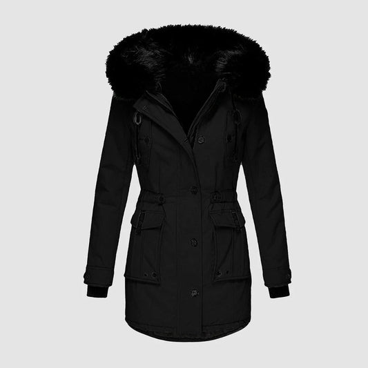 Women's Long Coat – Tailored Fit – Faux Fur Hood – Belt – Outdoor Comfort