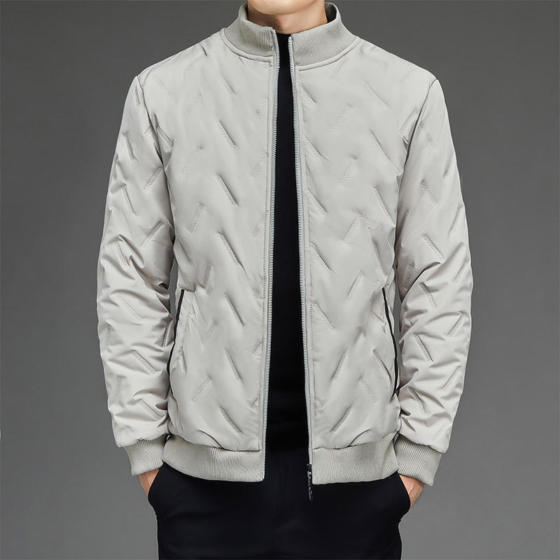 Men’s Jacket - Synthetic Fabric - Quilted Pattern - Stand Collar - Ribbed Cuffs