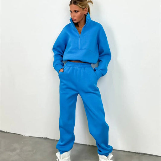 Women's Sweat Set – Relaxed Fit – High Collar with Zipper – Elastic Waist – Soft and Breathable
