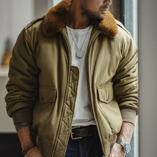 Men’s Bomber Jacket - Woven Fabric - Faux Fur Collar - Ribbed Cuffs and Hem