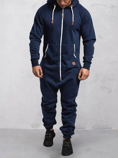 Men's Jumpsuit – Relaxed Fit – Soft Fleece – Zipper – Hood – Full Length
