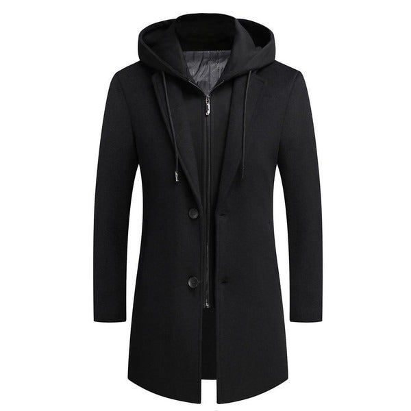 Men's Coat – Tailored Fit – Wool Look – Detachable Hood – Mid-Length