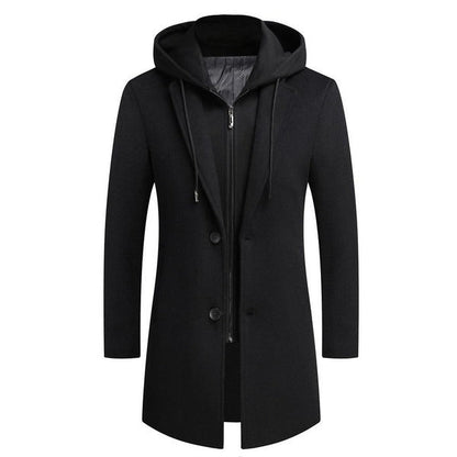 Men's Coat – Tailored Fit – Wool Look – Detachable Hood – Mid-Length