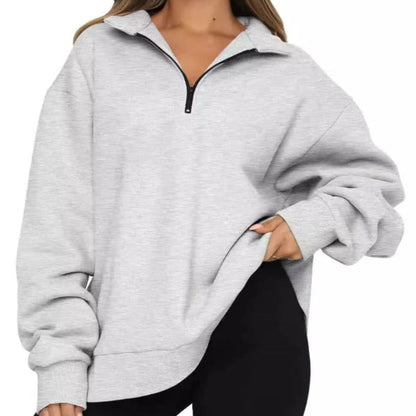 Women's Sweatshirt – Oversized Fit – High Collar – Short Zipper – Casual Look