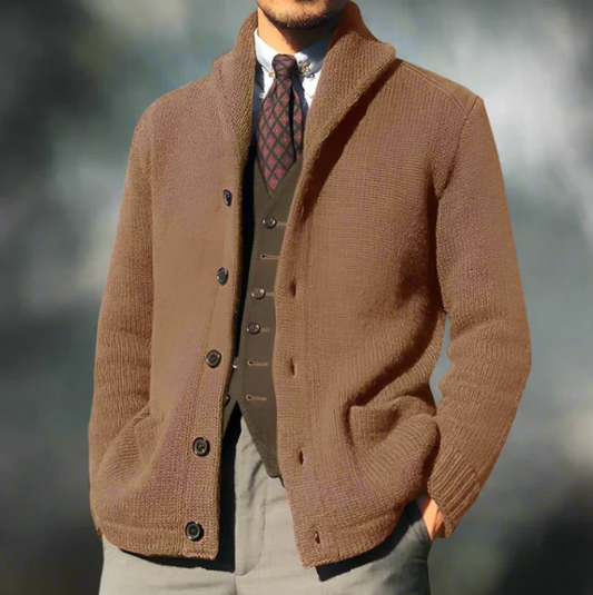 Men's Knit Jacket – Classic Fit – Button Closure – High Collar – Warm Texture