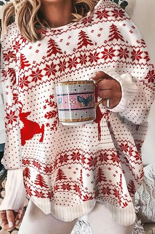 Women's Sweater – Oversized Fit – Knit Structure – Round Neck – Long Sleeves – Christmas Motif