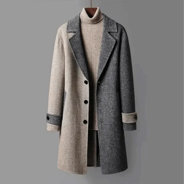 Men's Trench Coat – Tailored Fit – Wool Look – Long – Button Closure – Two-Tone