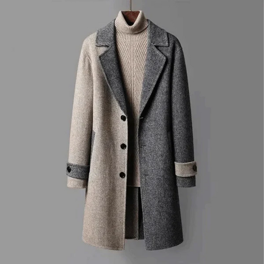 Men's Trench Coat – Tailored Fit – Wool Look – Long – Button Closure – Two-Tone