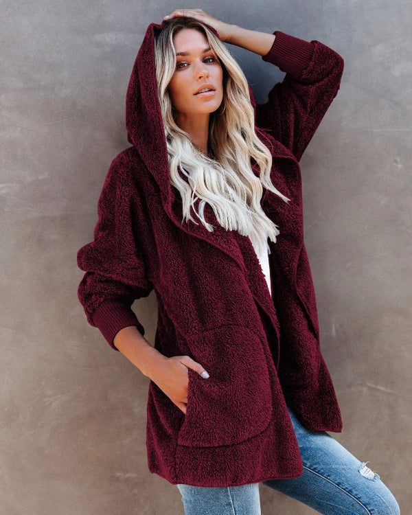 Women's Cardigan with Hood – Soft Sherpa Fleece – Oversized Fit – Open Design with Pockets