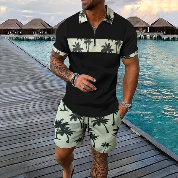 Men's Set with Polo and Shorts – Slim Fit Zip Polo – Tropical Pattern – Light and Breathable