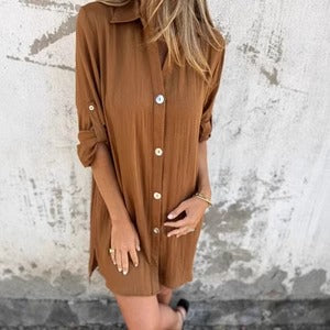 Women's Shirt Dress – Relaxed Fit – Button Closure – Breathable Blend – Rolled-Up Sleeves