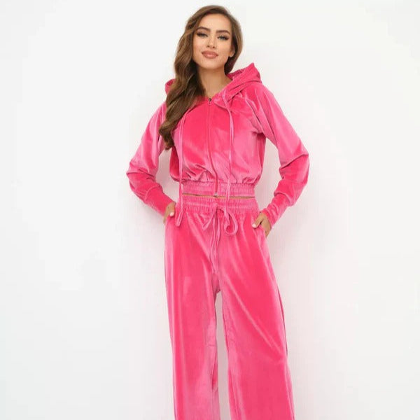 Women's Loungewear Set – Soft Fleece – Relaxed Fit – Drawstring Hoodie – Wide Pants