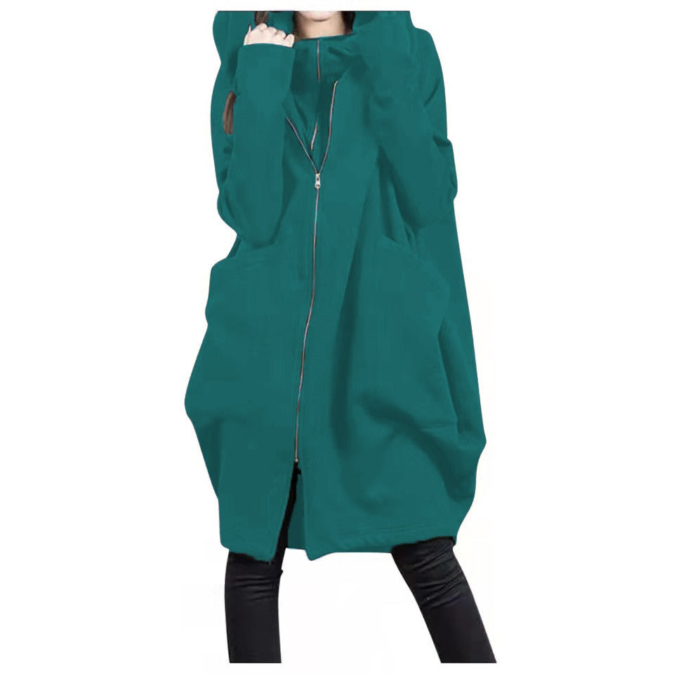 Women's Coat – Mid-Length – Oversized Fit – Hood – Zipper – Large Pockets