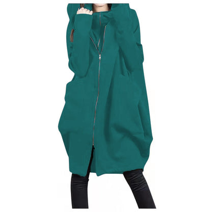 Women's Coat – Mid-Length – Oversized Fit – Hood – Zipper – Large Pockets