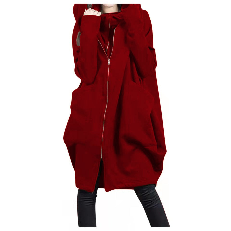 Women's Coat – Mid-Length – Oversized Fit – Hood – Zipper – Large Pockets