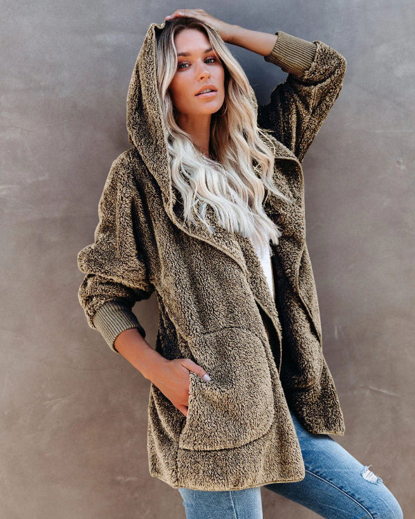 Women's Cardigan with Hood – Soft Sherpa Fleece – Oversized Fit – Open Design with Pockets