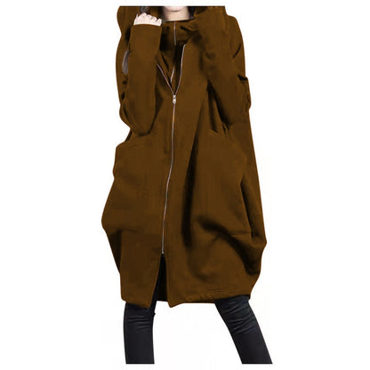 Women's Coat – Mid-Length – Oversized Fit – Hood – Zipper – Large Pockets