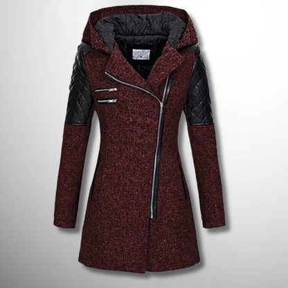 Women’s Coat - Woven Blend - Tailored Fit - Mid-Thigh Length - Hooded - Asymmetrical Zip