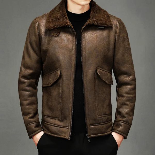 Men's Leather Jacket – Regular Fit – Shearling Collar with Buckle – Zipper Closure