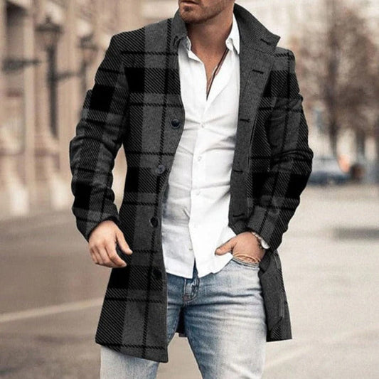 Men's Coat – Tailored Fit – Wool Texture – Mid-Length – Button Closure – Checkered Design