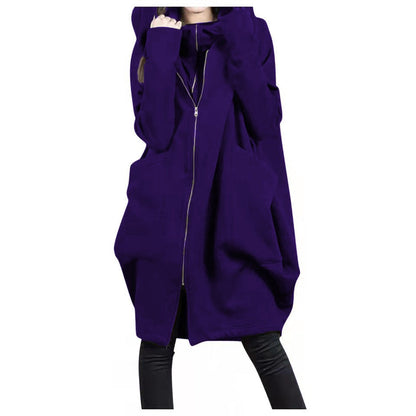 Women's Coat – Mid-Length – Oversized Fit – Hood – Zipper – Large Pockets