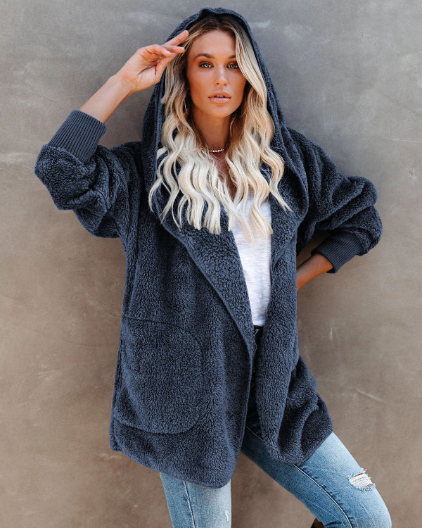Women's Cardigan with Hood – Soft Sherpa Fleece – Oversized Fit – Open Design with Pockets