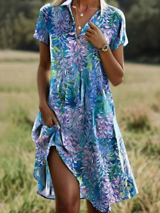 Women's Mini Dress – Relaxed Fit – V-Neck – Short Sleeves – Floral Pattern – Light and Breathable