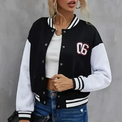 Women's Bomber Jacket – Relaxed Fit – Ribbed Edges – Button Closure – Varsity Design