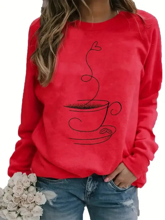 Women's Sweatshirt – Relaxed Fit – Soft Cotton Blend – Coffee Cup Print – Round Neck