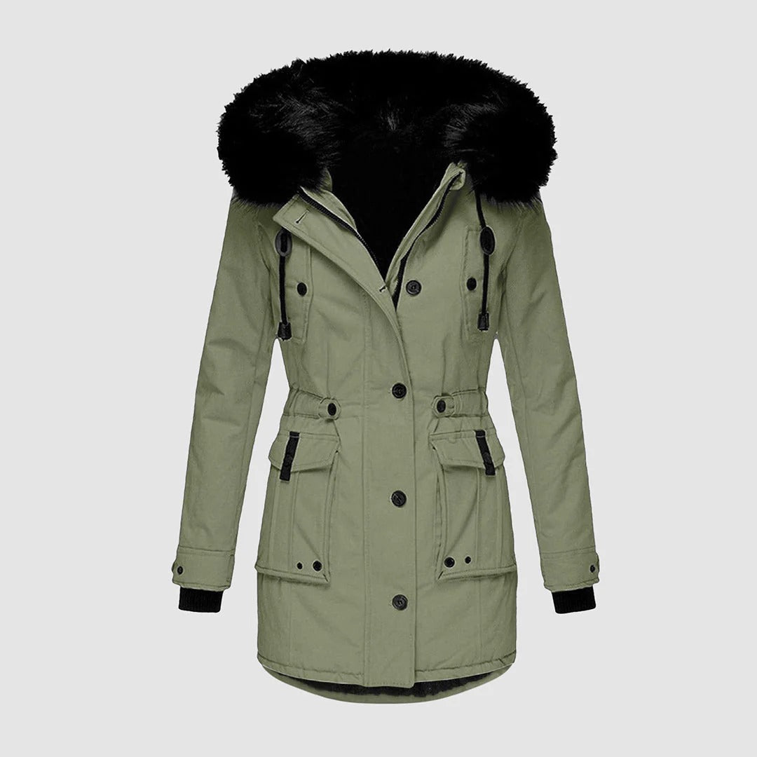 Women's Long Coat – Tailored Fit – Faux Fur Hood – Belt – Outdoor Comfort