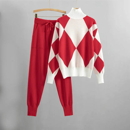 Women's Set – Sweater with Argyle Pattern – Relaxed Fit – Pants with Pockets