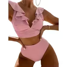 Women's Bikini Set – V-neck Top with Ruffles – High-waisted Bottom – Stretchable Comfort Fit