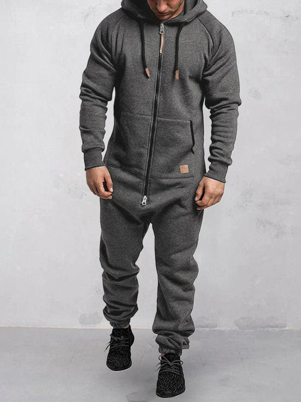 Men's Jumpsuit – Relaxed Fit – Soft Fleece – Zipper – Hood – Full Length