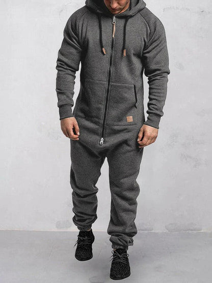 Men's Jumpsuit – Relaxed Fit – Soft Fleece – Zipper – Hood – Full Length