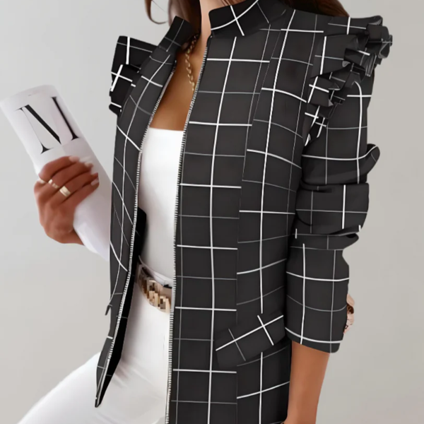 Women's Jacket – Tailored Fit – Checkered Pattern – Ruched Shoulder – Stand Collar