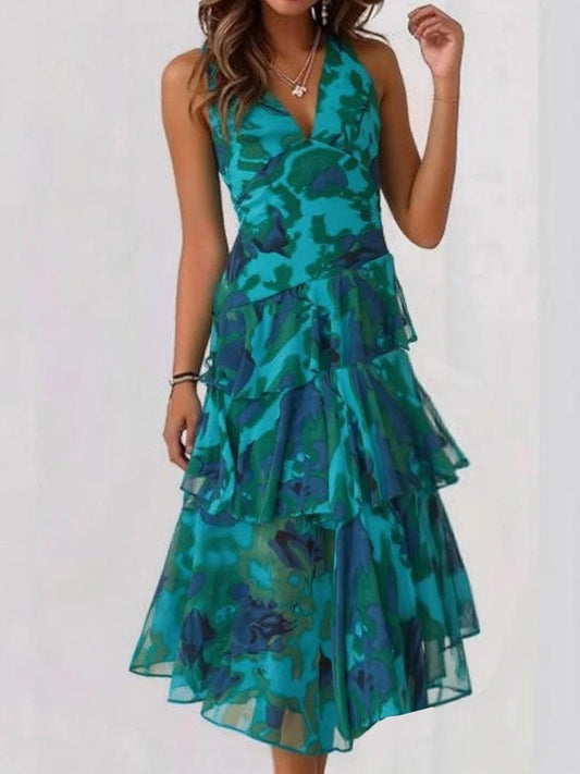 Dress for Women – Midi Length – Sleeveless with V-Neck – Layered with Floral Print