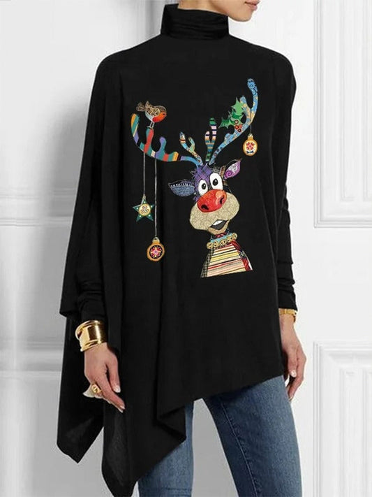 Women's Turtleneck Top – Loose Fit – Soft Cotton Blend – Reindeer Design – Asymmetric Hem