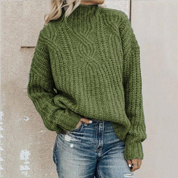 Women's Knit Sweater – Relaxed Fit – Wool-Like – Chunky Cable Knit – High Neck